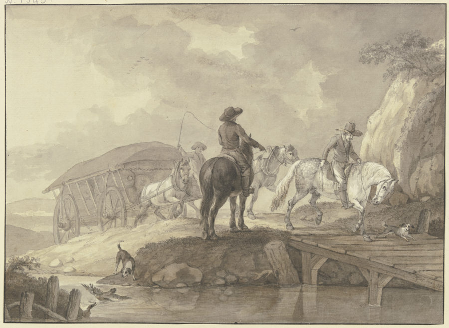 Ein mit Säcken beladener Lastwagen, begleitet von zwei Reitern und zwei Hunden, fährt über eine Brüc von Johann Georg Pforr