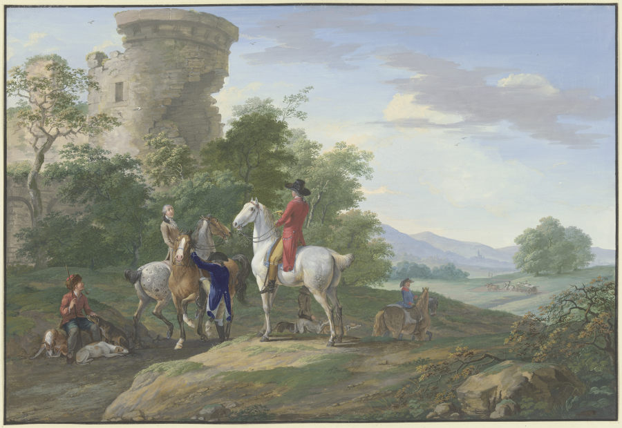 Jäger mit Pferden und Jagdhunden machen bei einer Ruine halt von Johann Georg Pforr