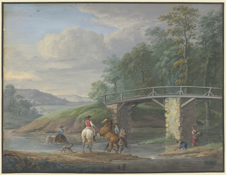 Pferde in der Schwemme bei einer Brücke, rechts zwei Wäscherinnen von Johann Georg Pforr