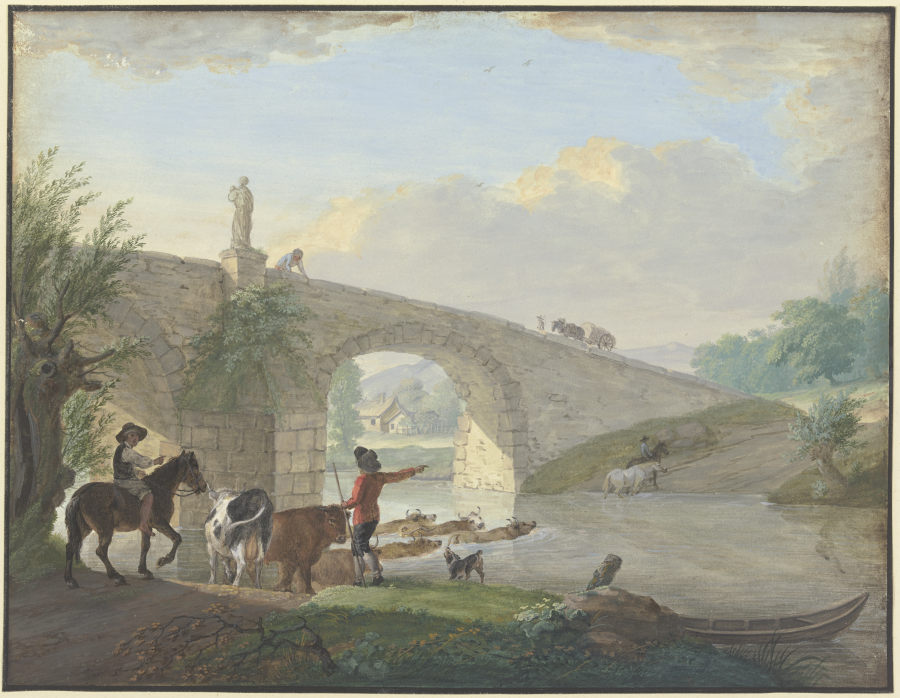 Viehherde mit zwei Hirten, bei einer Steinbrücke durch das Wasser schwimmend von Johann Georg Pforr