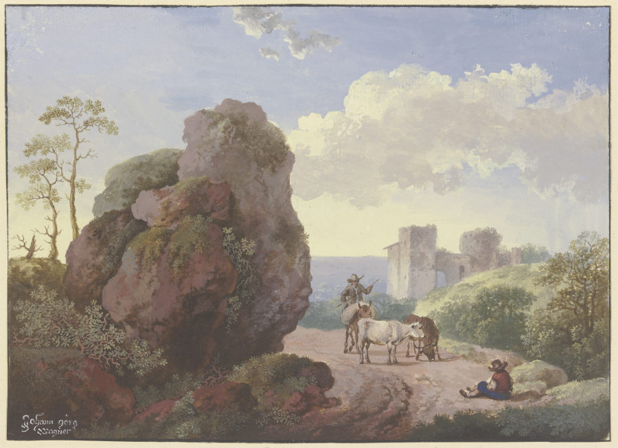 Ein großer Fels neben einem Weg mit Hirten und Vieh, rechts eine Ruine von Johann Georg Wagner