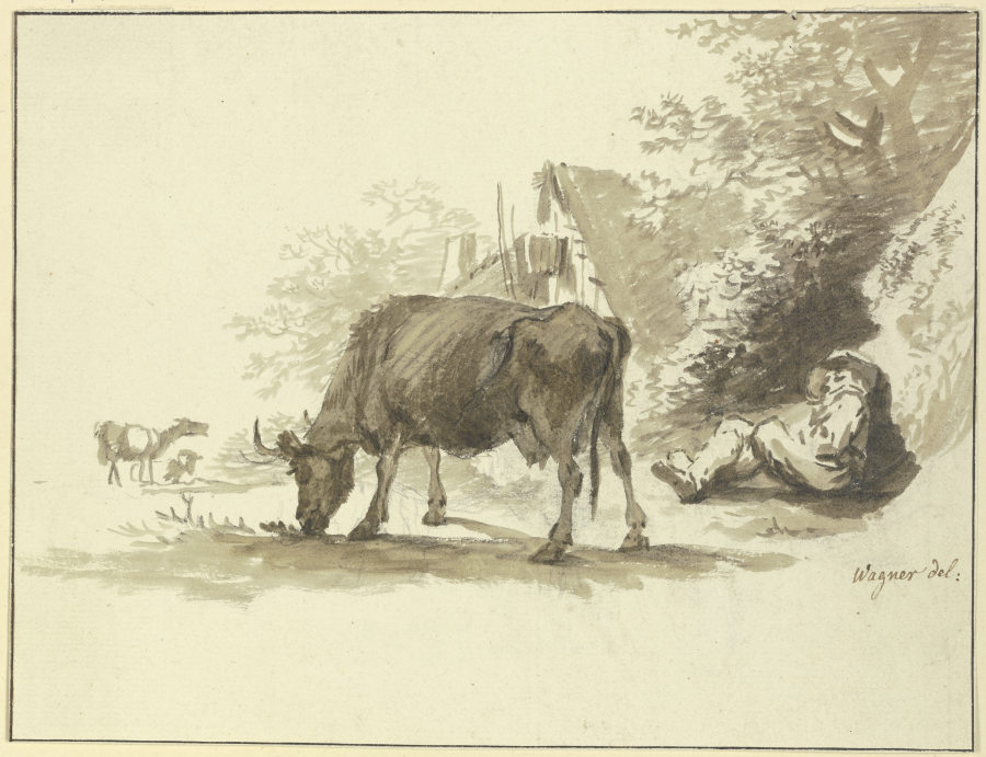 Ruhender Hirt mit einer Kuh vor einem Haus von Johann Georg Wagner