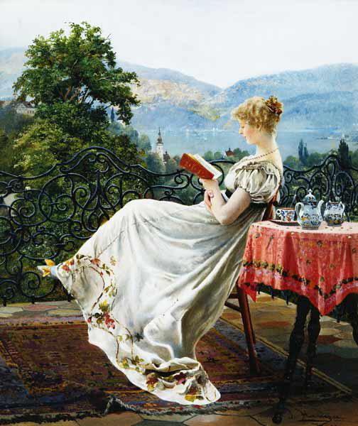 Lesende auf einer Terrasse.