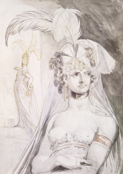 Half Figure of a Courtesan with Feathers, a Bow and a Veil in her Hair, 1800-10 (pencil, w/c and von Johann Heinrich Füssli