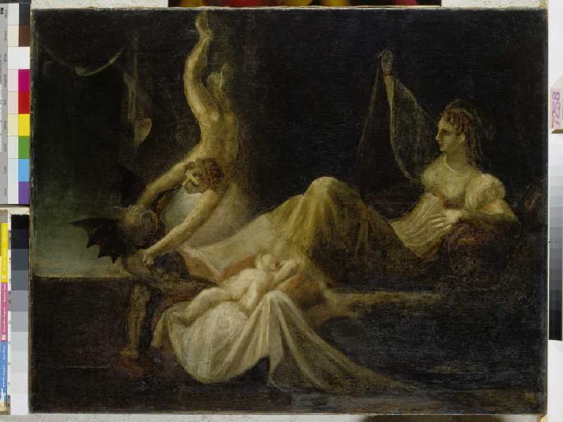 Siglinde, die Mutter Siegfrieds, erwacht durch den Streit des guten und des böse Genius um ihren kle von Johann Heinrich Füssli