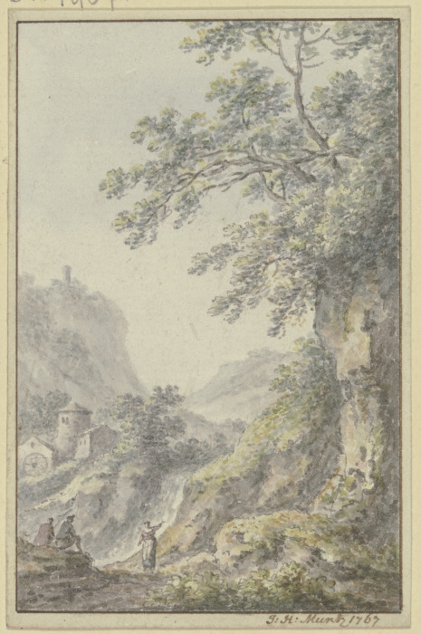 Blick in eine Berglandschaft mit einer Burg, im Vordergrund ein Hohlweg mit drei Figuren von Johann Heinrich Müntz