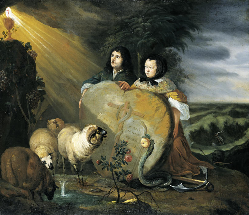 Angebliches Selbstbildnis des Künstlers mit seiner Frau und den Symbolen des christlichen Glaubens von Johann Heinrich Roos