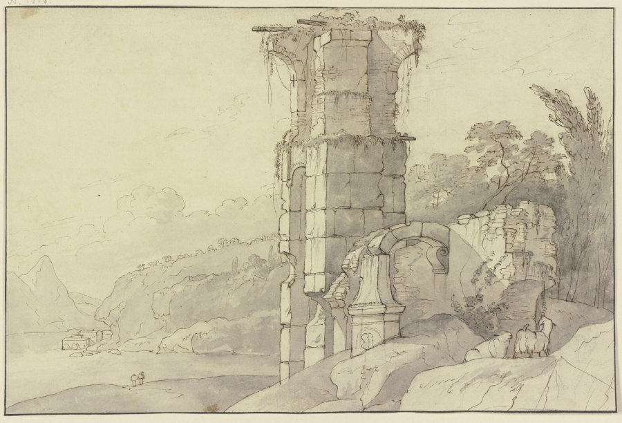 Antike Ruine an einem Bergsee, vorne rechts zwei Schafe von Johann Heinrich Roos