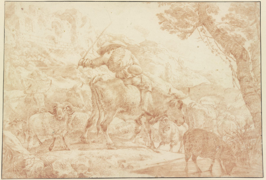Ein auf einem Ochsen reitender Hirte treibt seine Herde heimwärts von Johann Heinrich Roos