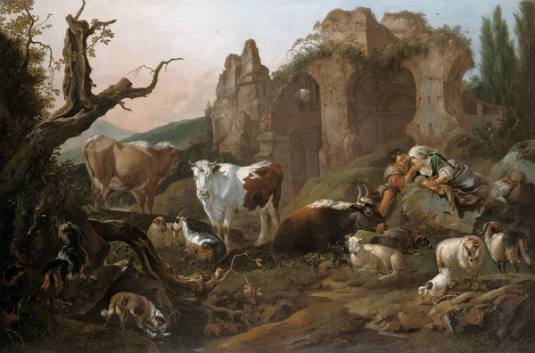 Farm animals in a landscape von Johann Heinrich Roos