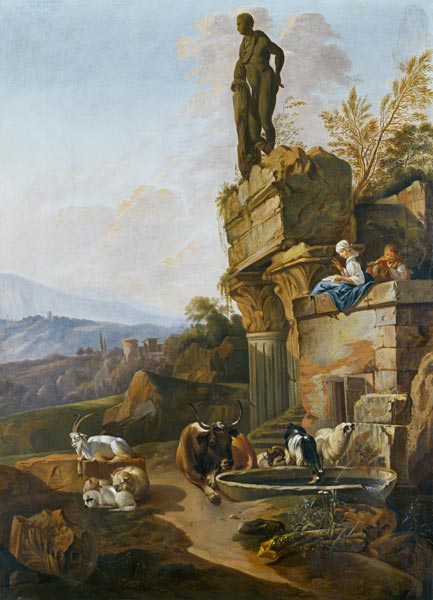 Landschaft mit Tempelruine in Abendstimmung von Johann Heinrich Roos