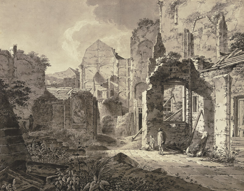 Großes verfallenes Gebäude, rechts ein Mann mit zwei Kindern, links ein Maler von Johann Heinrich Troll