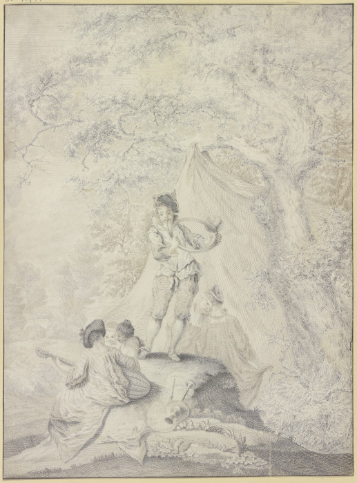 Ruhendes Paar unter einem Zelt an einem Eichenbaum, links eine Lautenspielerin mit zwei jungen Fraue von Johann Jacob Ebersbach