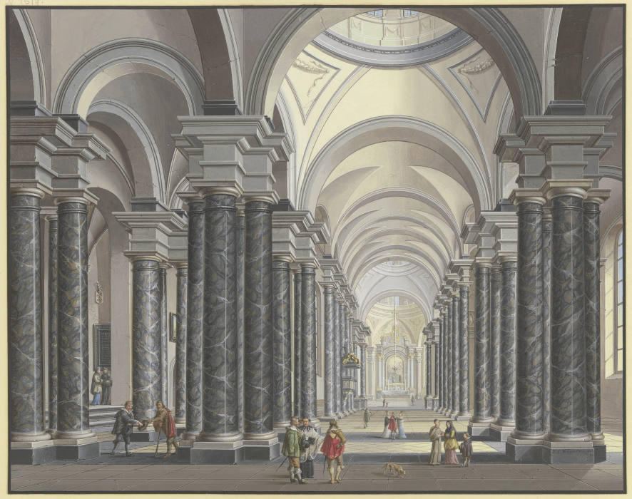 Blick in das Innere einer Barockkirche mit schwarzen Marmorsäulen und Staffagefiguren in der Tracht  von Johann Ludwig Ernst Morgenstern