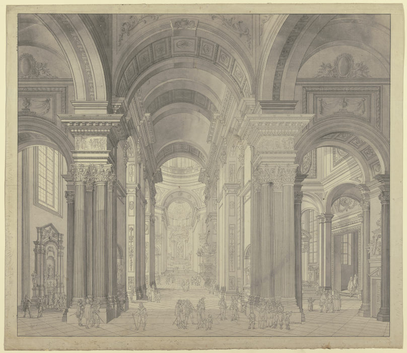 Blick in das Innere einer Barockkirche mit Staffagefiguren in der Tracht des 17. Jahrhunderts von Johann Ludwig Ernst Morgenstern