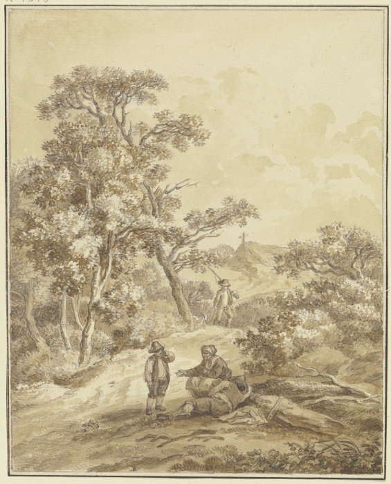 Waldweg mit einem Jäger, im Vordergrund eine Frau mit zwei Knaben, der eine schlafend von Johann Ludwig Ernst Morgenstern