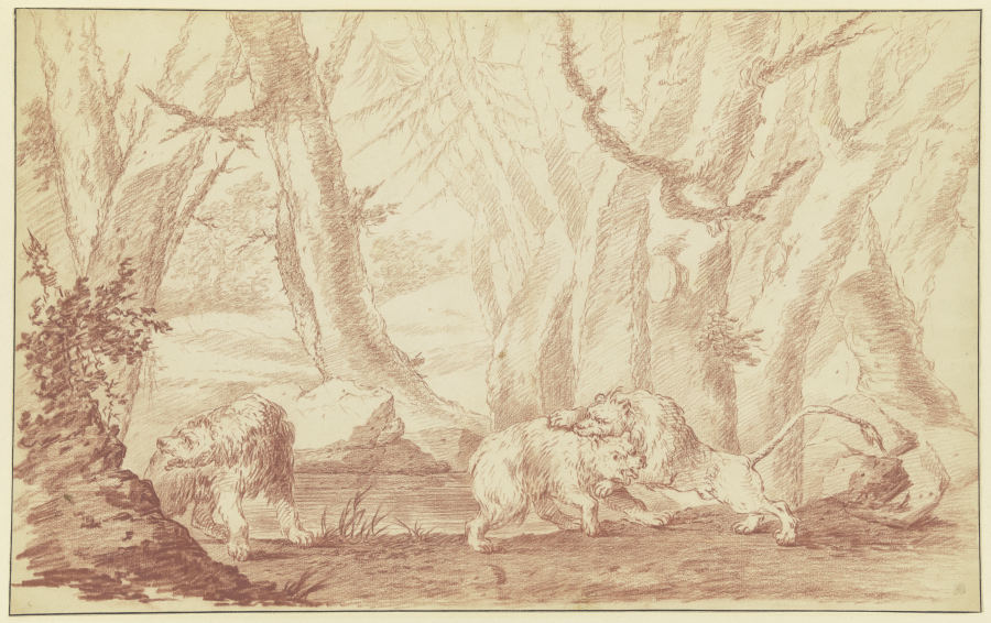 Zwei Bären, der eine von einem Löwen angegriffen von Johann Ludwig von Pfeiff