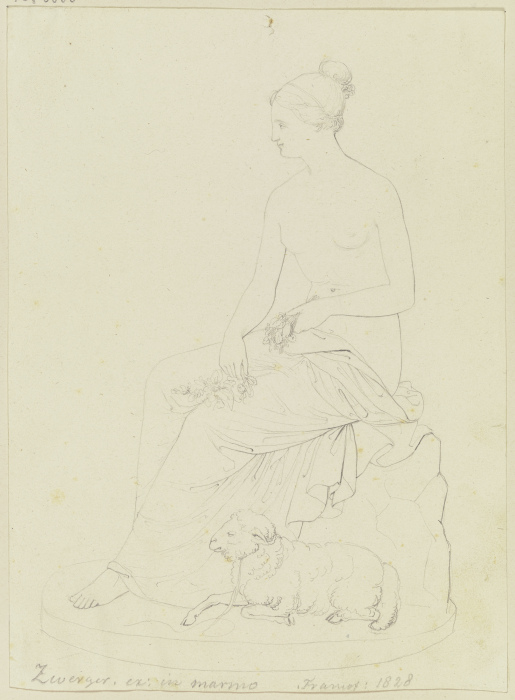 Sitzende weibliche Figur mit Blumen in den Händen, zu ihren Füßen ein Lamm von Johann Nepomuk Zwerger