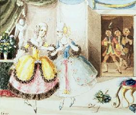 Fiordiligi and Dorabella watched from the doorway by Don Alfonso, Ferrando and Guglielmo, from 'Cosi 20th