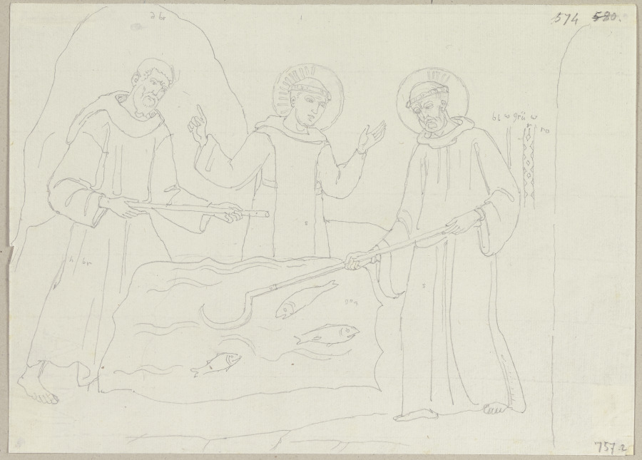 Benedikt von Nursia zieht ein Eisen dem Wasser heraus, aus der unteren Kirche von San Benedetto von Johann Anton Ramboux