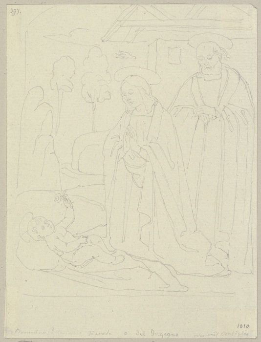 Die Geburt Christi, nach einem Fresko an einem Hause in der Art einer Maestà in der Via Superba in A von Johann Anton Ramboux