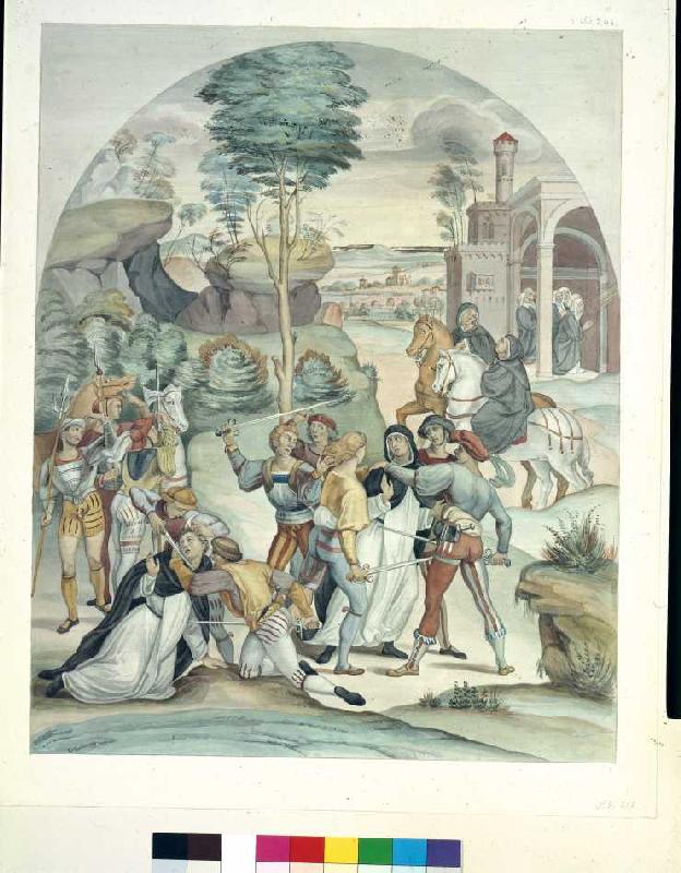 Die Heilige Katharina von Siena errettet zwei Dominikaner aus Räuberhänden. von Johann Anton Ramboux