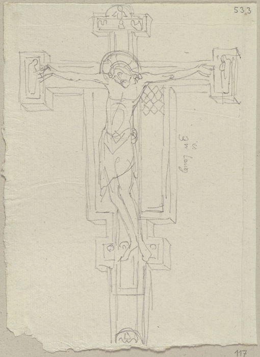 Kruzifix aus Holz, Entwurf desselben im Chor von Santa Chiara zu Assisi von Johann Anton Ramboux