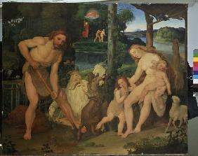 Adam und Eva nach der Vertreibung aus dem Paradies.