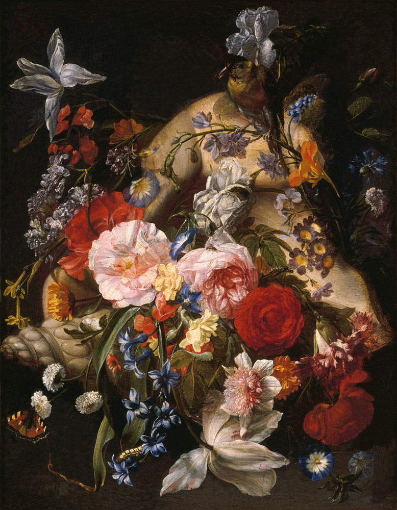 Stillleben mit Blumen in einer exotischen Muschel von Johann Rudolf Byss