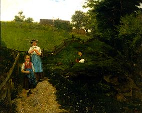 Heimkehrendes Bauernmädchen und Kind. von Johann Sperl