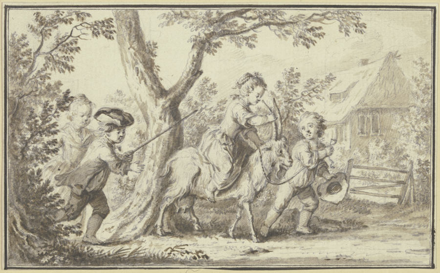 Unter Bäumen vor einem Haus lassen Kinder ein Mädchen auf einer Ziege reiten von Johann Ulrich Schellenberg