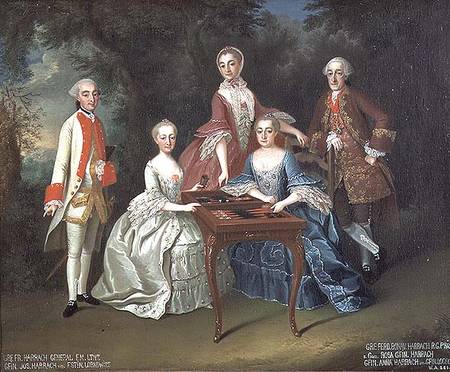 Group portrait of the Harrach family playing backgammon including General Count Ferdinand Harrach, C von Johann Wilhelm Hoffnas or Hofnaas