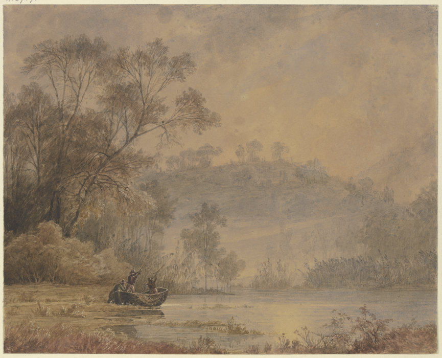 Waldsee, von dessen Ufer ein Kahn mit drei Männern ablegt von Johann Wilhelm Schirmer