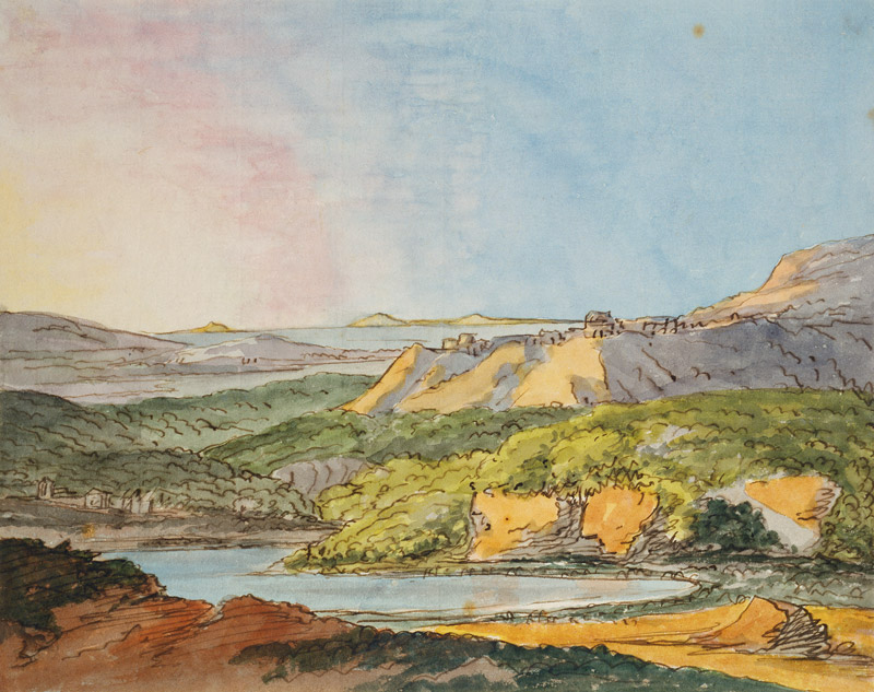 Südliche Landschaft am Meer mit bewaldeten Hügeln und einem Gewässer im Vordergrund von Johann Wolfgang von Goethe