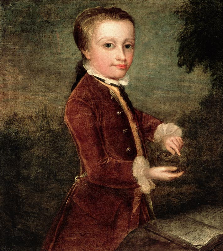 Portrait of Wolfgang Amadeus Mozart (1756-91) aged eight, holding a bird's nest von Johann Zoffany