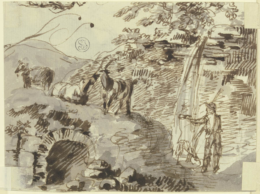 Ein Hirte mit drei Ziegen, Wassser schöpfend von Johann Andreas Herrlein