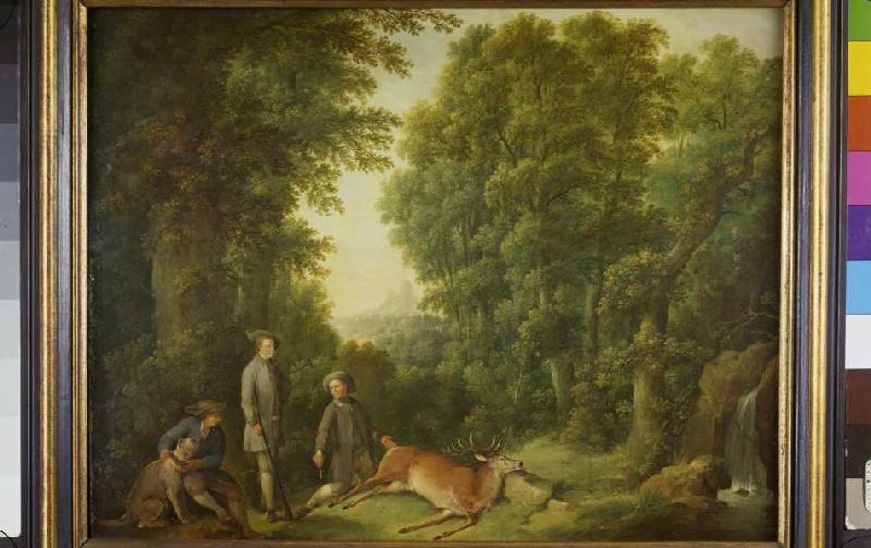 Waldlandschaft mit Jägern und erlegtem Rotwild von Johann Andreas Herrlein