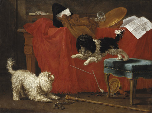 Stillleben mit zwei spielenden Schoßhunden von Johann Anton und Jodokus Matthias Kappers