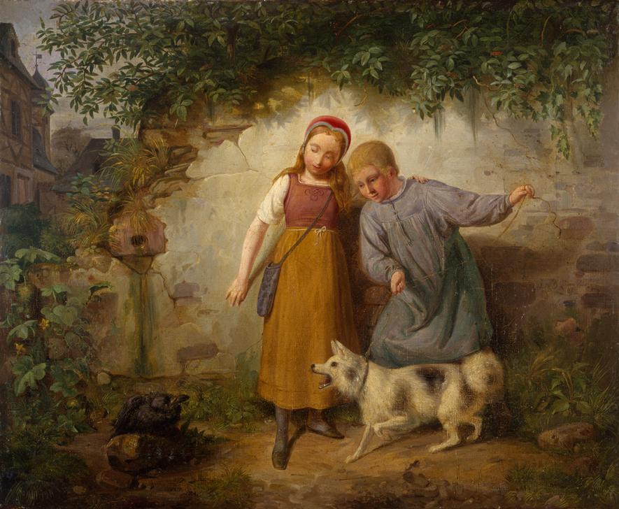 Zwei Kinder mit einem Spitz von Johann Baptist Zwecker