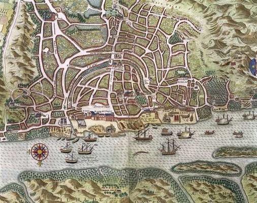 Map of the City and Portuguese Port of Goa, India, detail of port and merchant shipping, 1595 (engra von Johannes Baptista van, the Younger Doetechum