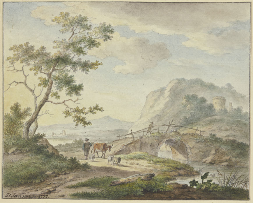 Über eine steinerne Brücke geht ein Mann, auf dem Weg ein Bauer mit einer Kuh und Schafen von Johannes Christiaan Janson