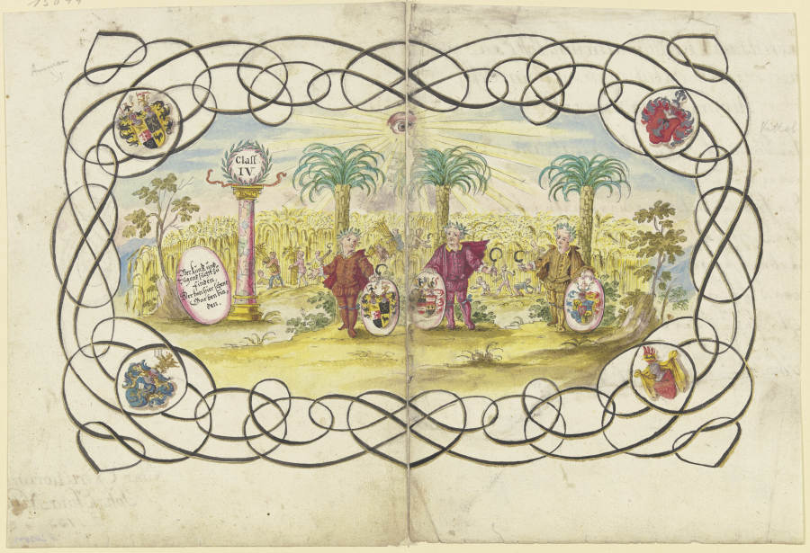 Drei Knaben, ein Wappen haltend, stehen unter Palmen vor einem Kornfeld, das abgeerntet wird von Johannes Esaias Nilson