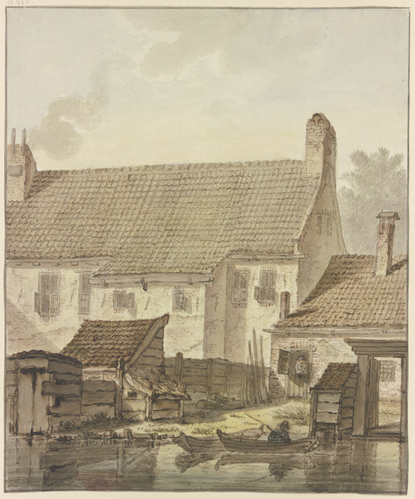 Häuserzeile am Wasser, vorne zwei Kähne mit einem Angler von Johannes Hendrik Knoop