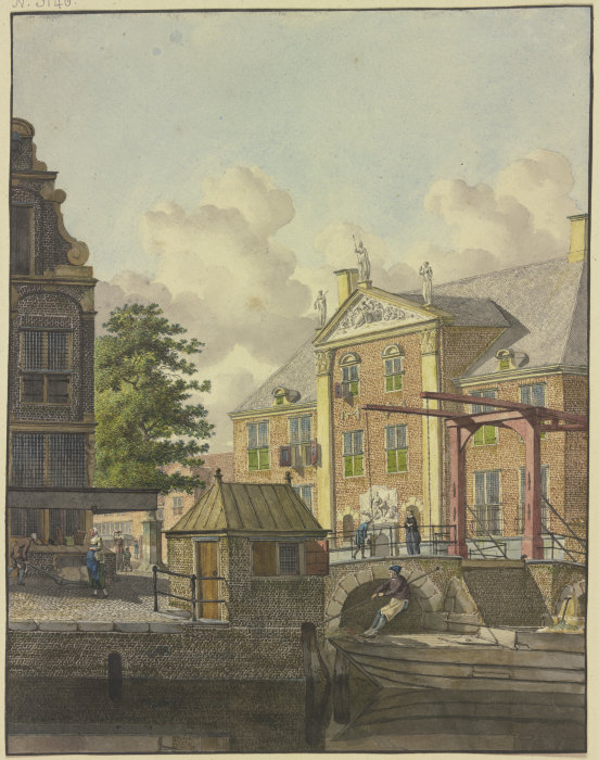 Schleusentor vor einem Palast mit einem Basrelief von Johannes Huibert Prins