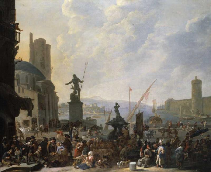 Ein Capriccio eines mediterranen Hafens mit zahlreichen Figuren, Berninis Triton-Brunnes und ein Cap von Johannes Lingelbach