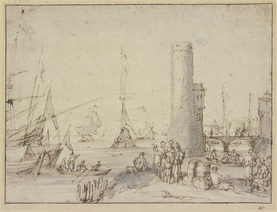 Ein Hafen mit einem Leuchtturm, im Vordergrund figürliche Staffage, unter anderem eine Gruppe von zw von Johannes Lingelbach