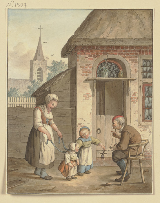 Vor der Haustür sitzt ein alter Mann, dabei eine Magd und zwei Kinder von Johann Friedrich Morgenstern
