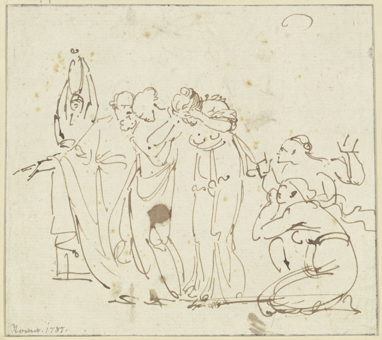 Ungedeutete Szene: Ein bärtiger Mann schreitet mit zwei betrübten Frauen nach links, rechts zwei kni von Johann Georg Schütz