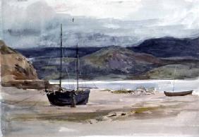Hilly coast scene with boats