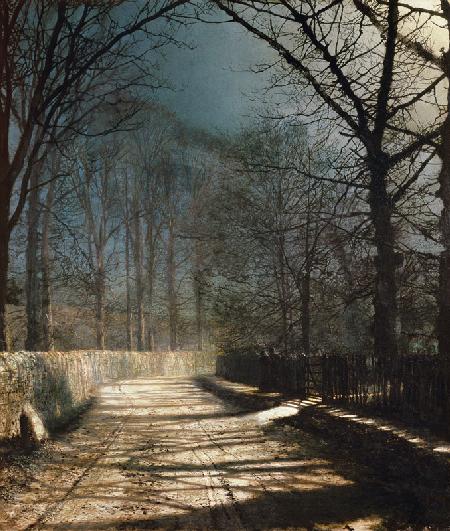 A Moonlit Lane, with two lovers by a gate